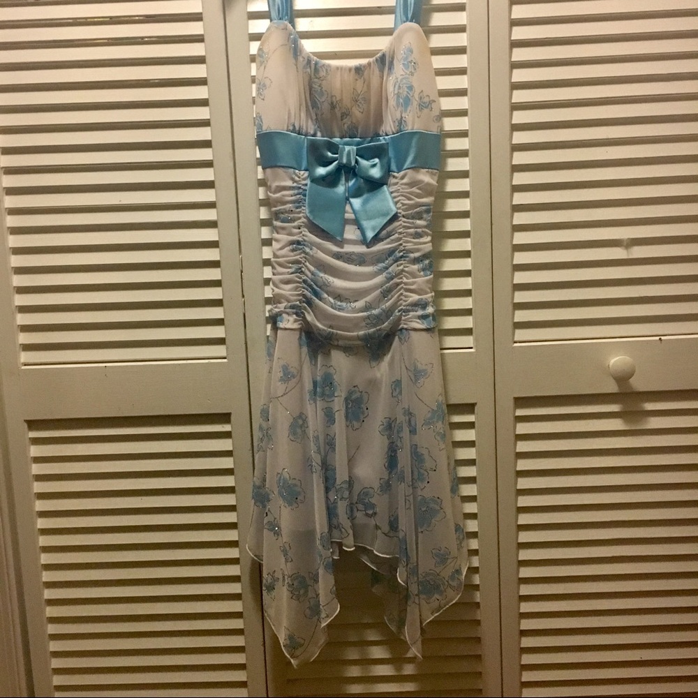 Beautiful White and Blue Floral Homecoming Dress